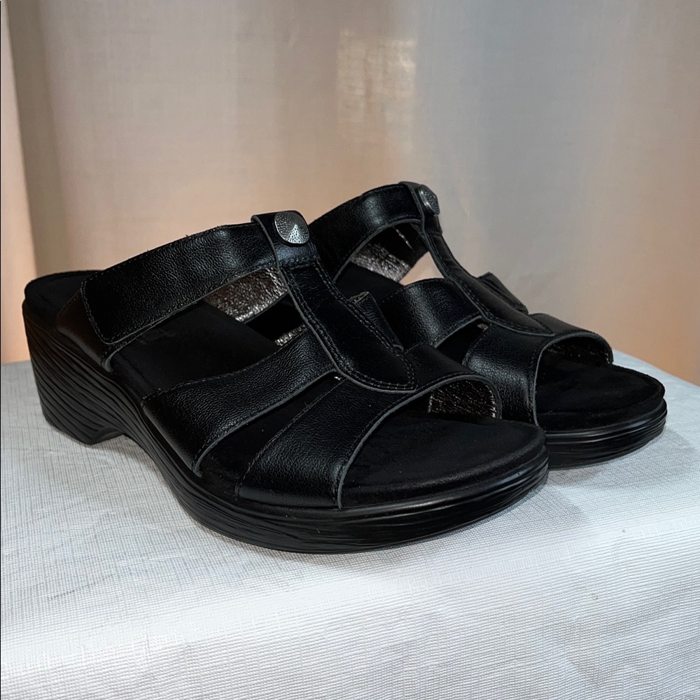 Alegria Black Leather Slide Sandals